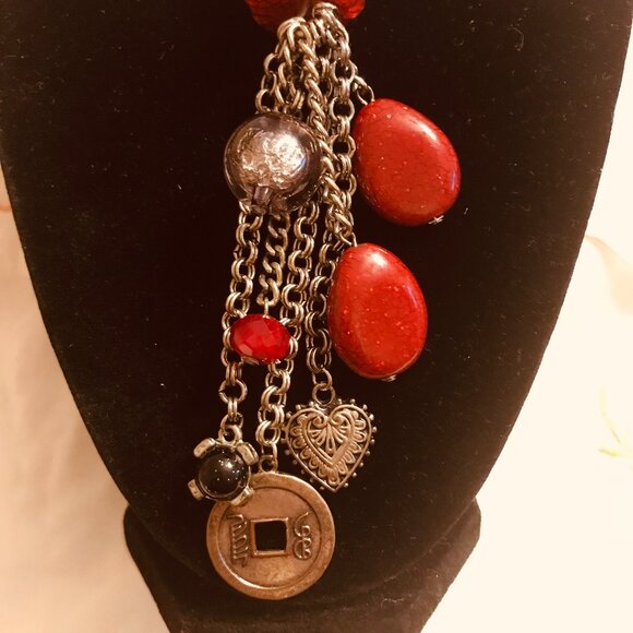 Chico's Asian Inspired Black Cord Charm Necklace with Lucky Chinese Fortune Coin - Picture 2 of 4